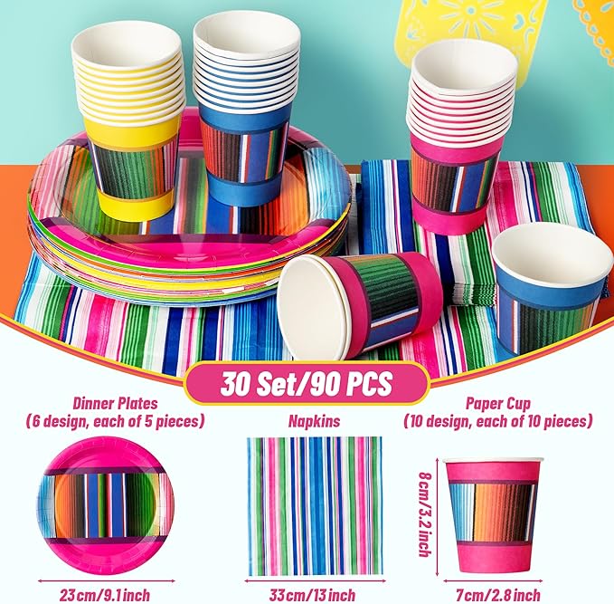 K1tpde Mexico Party Tableware Set - 90PCS Taco Nights Themed Paper Plate Set for Kids Colorful Striped Mexican Birthday Disposable Dinnerware Paper Napkins Forks for Carnival & Fiesta Party Supplies