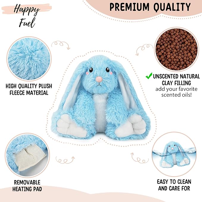 Bunny Microwavable Stuffed Animal – 1.5 lb Unscented Heating Pad Plush, Soft Cozy Bunny Toy for Relaxation and Comfort, Gift for Women, Girls, Adults & Kids by Happy Fuel, Blue