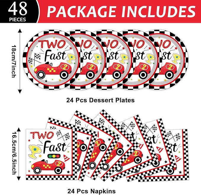 48Pcs Two Fast Plates and Napkins Two Years Old Birthday Party Decorations set Race Car 2nd Party Supplies Racing 2 fast Birthday Racing Sports Themed Disposable Tableware for Kids Boys Serves 24