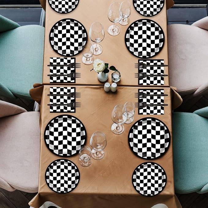 96PCS Race Car Birthday Party Decorations Black and White Checkered Plates Sports Themed Table Supplies Decorations Racing Dessert Plates Napkins Forks for 24 Guests Racing Car Birthday Party Favors
