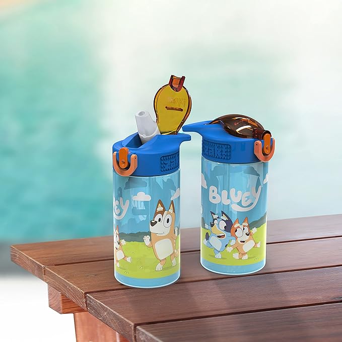 Zak Designs Bluey Kids Water Bottle Durable Plastic Spout Cover and Built-in Carrying Loop, Leak-Proof Water Design for Travel, (16oz, 2pc Set), 2pk