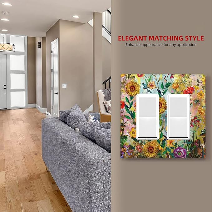 Fall Colorful Sunflower Floral Light Switch Plate Cover 2 Gang Double Rocker Wall Plates Electrical Faceplates Decorative GFCI Outlet Covers for Bedroom Bathroom Kitchen Art Decor