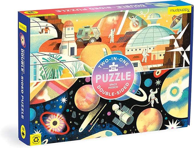 Mudpuppy Space Mission 100 Piece Double-Sided Puzzle – Two Fun Puzzles in One!, Colorful Illustrations of Your Favorite Cosmic Scenes, 22" x 16.5", Ages 6+