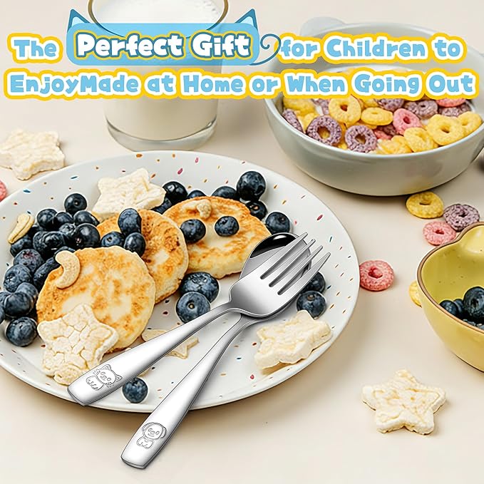 LIANYU 10 Pieces Toddler Silverware Set, Stainless Steel Kids Silverware Set, Metal Baby Utensils with Small Toddler Forks and Spoons, Children Safe Flatware with Cute Pattern, Dishwasher Safe