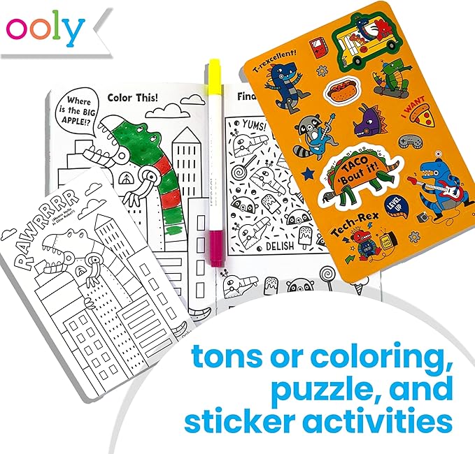Ooly Let's Go Activity & Coloring Book Kit Complete with Markers, Stickers, Puzzles & More - Portable All in One Set - Robo Dinosaurs