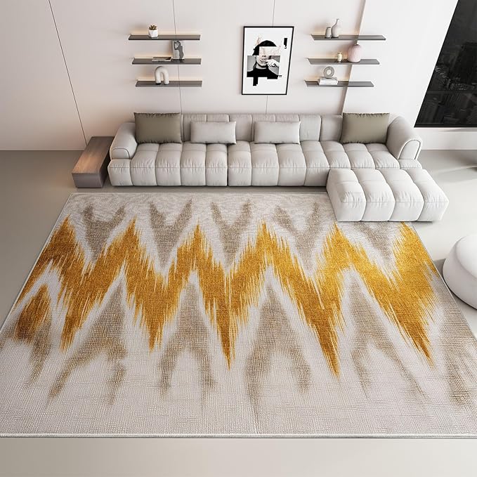 Abstract Chevron Stripes Area Rugs for Bedroom Living Room 6×8ft Yellow and Gray Shabby Chic Soft Non-Slip Rug, Ultra-Thin Low Pile Carpet for Kitchen Dining Room Home Office