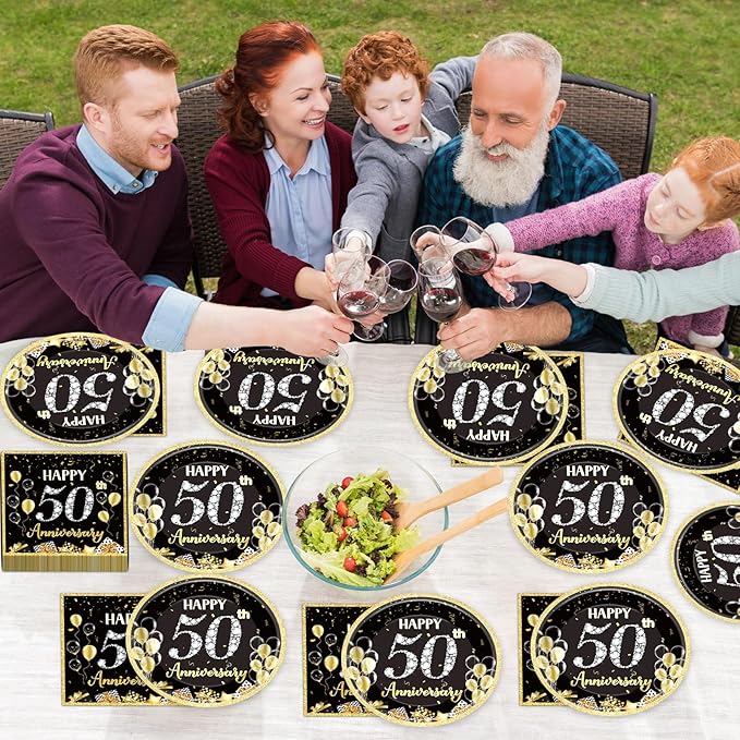 48Pcs 50th Anniversary Paper Plates Napkins Wedding Party Decorations Employee Career Retirements Party Supplies Black Gold Disposable Dinner Tableware Set for Birthday Anniversary Graduation Serve 24