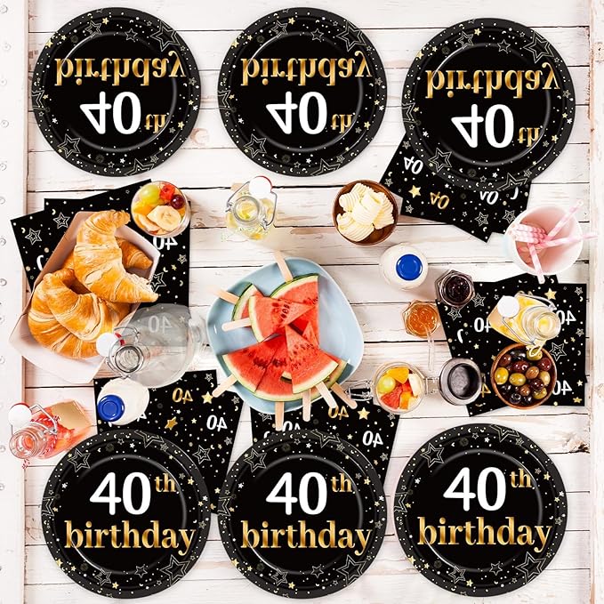 40th Birthday Party Supplies Serves 24 Black and Gold 40 Years Old Birthday Party Decorations Paper Plates Napkins Cheers to 40 Years Tablecloth Set Vintage 1986 Tableware Kit Favors for Men or Women