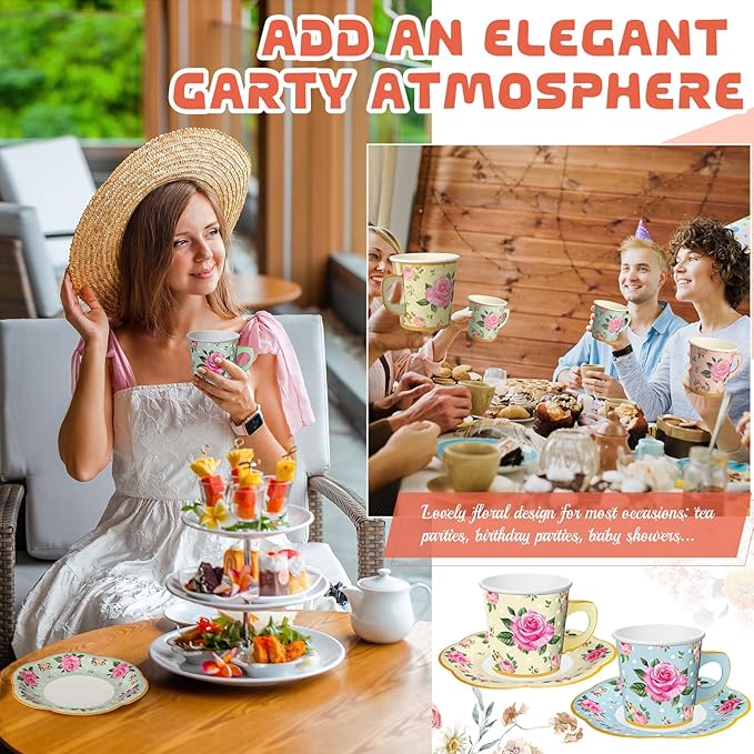 Umigy 36 Sets Mother's Day Tea Party Decorations 9 oz Floral Paper Teacups & Saucer Set for Girls Women Tea Parties Mothers Day Bridal Shower Wedding Birthday Party Decorations(Multicolored)