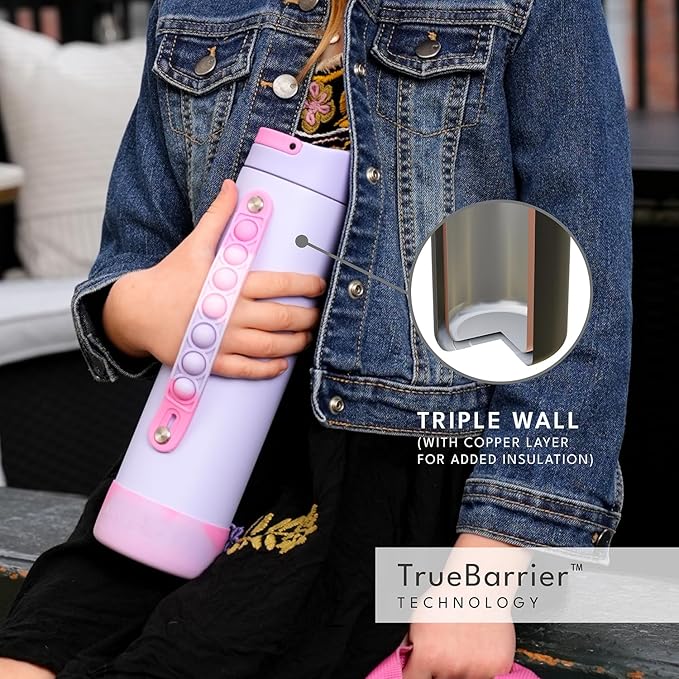 Elemental Iconic Kids Water Bottle for School - 100% Leak-Proof Insulated Water Bottles with Straw Lid & Pop-It Handle for Boys & Girls - Triple-Wall Insulated & BPA-Free, 20oz – Lilac Tie Dye