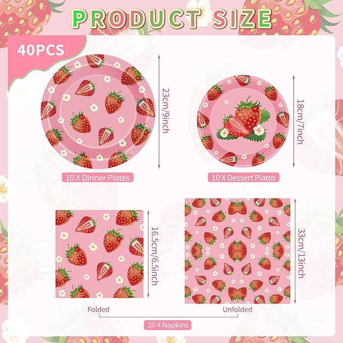 40 Pcs Strawberry Plates and Napkins Sets, Strawberries Dinner Dessert Paper Plates Summer Berry Napkins Tableware Kit for Fruit Strawberry Party Birthday Decorations Supplies Table Decor, Serve 20