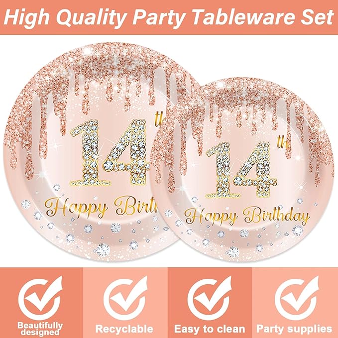 96 Pcs Rose Gold 14th Birthday Party Plates and Napkins for Girls Rose Gold Party Supplies Pink Happy 14 Years Birthday Party Tableware Set for 24 Guests Party Decorations
