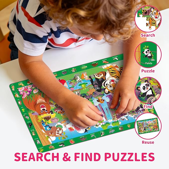 Puzzles for Kids Ages 4-6, 4 x 60 Piece Search and Find Puzzles for Kids Ages 3-5 Boys Girls, Educational Toys Gifts for 3-8 Year Old, Jungle Dinosaur Ocean City