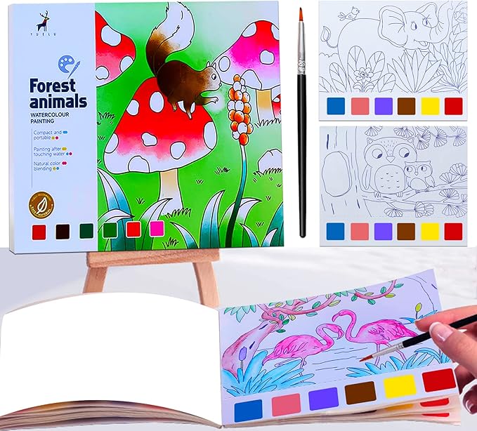 JUNQIU Watercolor Coloring Books for Kids Ages 4-8, Pocket Watercolor Painting Book for Toddlers, Arts and Crafts for Girls Gifts, Stocking Stuffers For Kids
