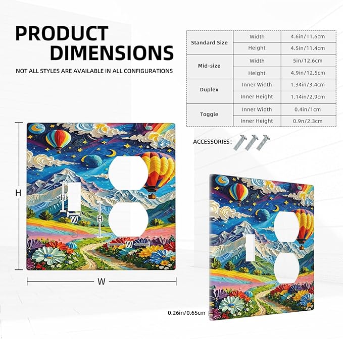 Hot Air Balloons Floral Vibrant Colors Flowers Mountains Stars Moon Wallplates 1 Toggle 1 Duplex Electrical Gfci Faceplate Decorative Light Switch Covers Switch Plate for Bedroom Kids Room Decor