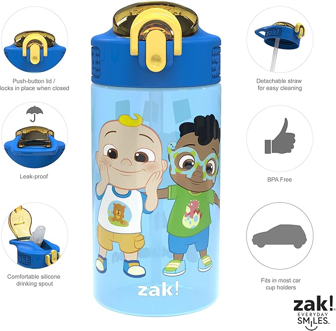 Zak Designs CoComelon Kids Water Bottle with Spout Cover and Built-In Carrying Loop, Durable Plastic, Leak-Proof Water Bottle Design for Travel (16 oz, 2-Pack, Non-BPA)