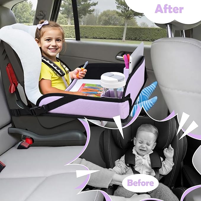 Kids Travel Tray for Toddler Carseat, Road Trip Activities Essentials for Toddler, Kids Lap Desk Tray with Tablet Holder Stand ＆ Dry Erase Board (Purple)