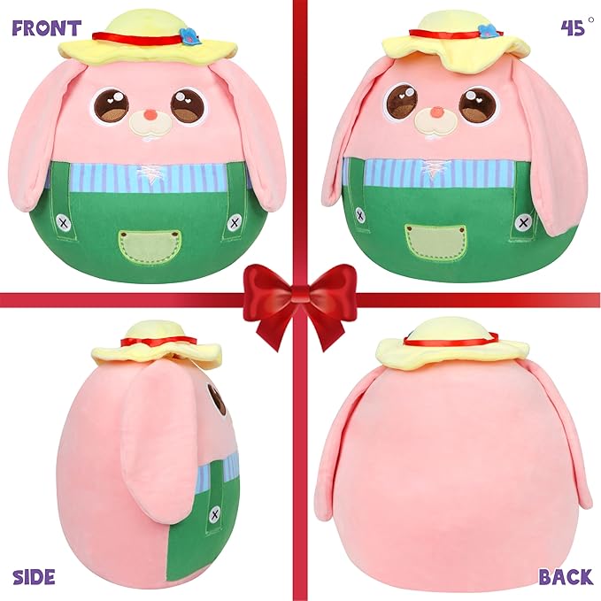 Hopearl Farmer Bunny Plush Toy, Stuffed Animal Rabbit Pillow Huggable Stuffed Animal, Smooth Plushies Pillow, for Kids Boys Girls, Pink, 12'' (Bunny)