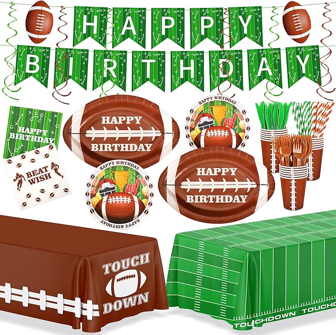 Football Birthday Party Decoration,177PCS Football Disposable Tableware Party Supplies,Set of 24 Football Paper Plates Napkins Cups Forks Straws,Banner Touchdown Tablecloth for Gameday Tailgate Decor
