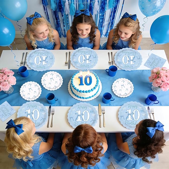 96Pcs Blue Bow 10th Birthday Party Decorations Blue White Happy 10th Birthday Scalloped Plates and Napkins Cute Bow Themed Tableware Set for Girls 10 Years Old Supplies Serves 24