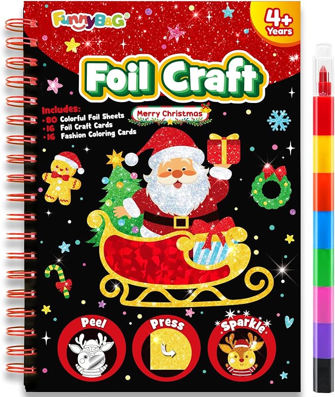 FUNNYB&G Foil Art Crafts for Kids Ages 4-8: Mother's Day 2026, Birthday Gift for Kids, Art and Crafts Supplies, Party Favors, Creative Toys for Kids 4 5 6 7 8 9 Years Old(Christmas)