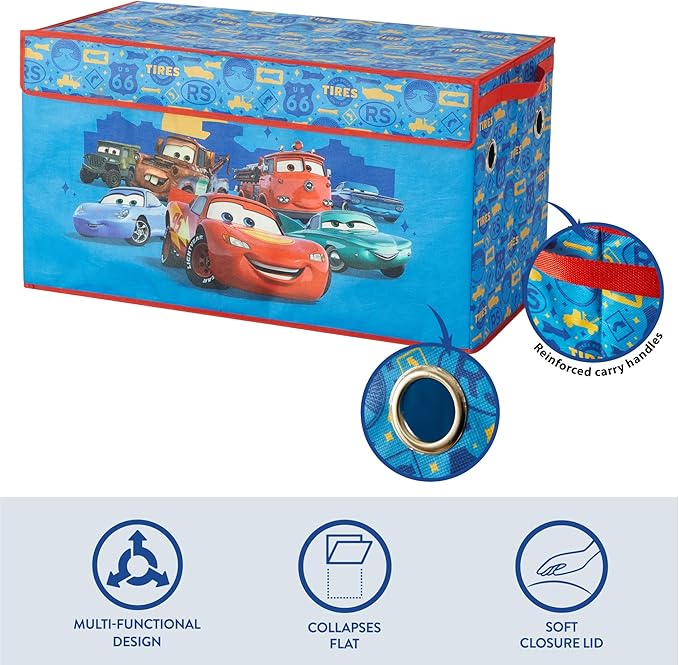 Disney Pixar Cars Collapsible Storage Trunk,Durable Kids Toy Organizer with Soft Lid, Foldable Chest for Bedroom & Playroom, 28.5" x 14.5" x 16"