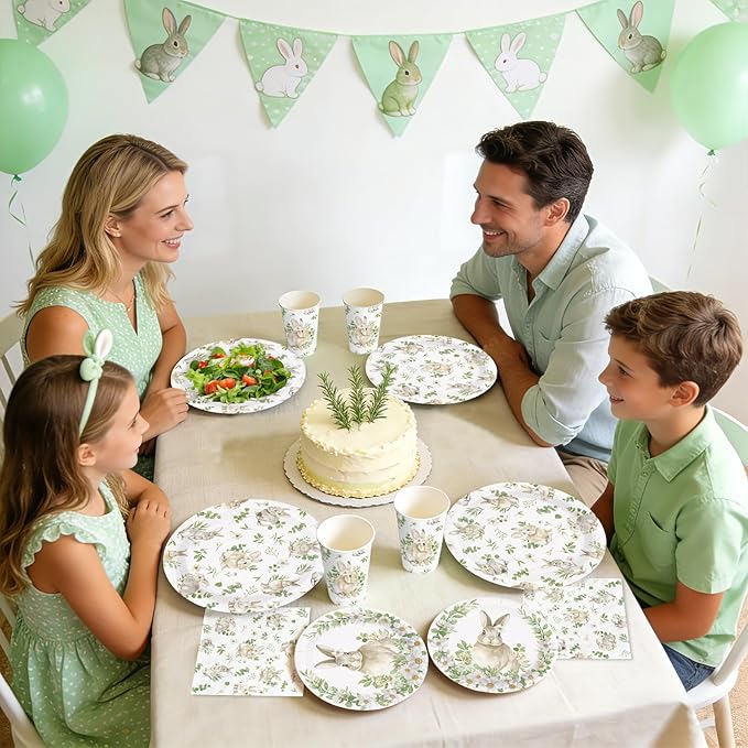 168Pcs Bunny Rabbit Paper Plates and Napkins Disposable Spring Bunny Rabbit Party Plates Rabbits Sage Green Tableware Set for Girls Boys Spring Sage Green Holiday Birthday Party Supplies Serves 24