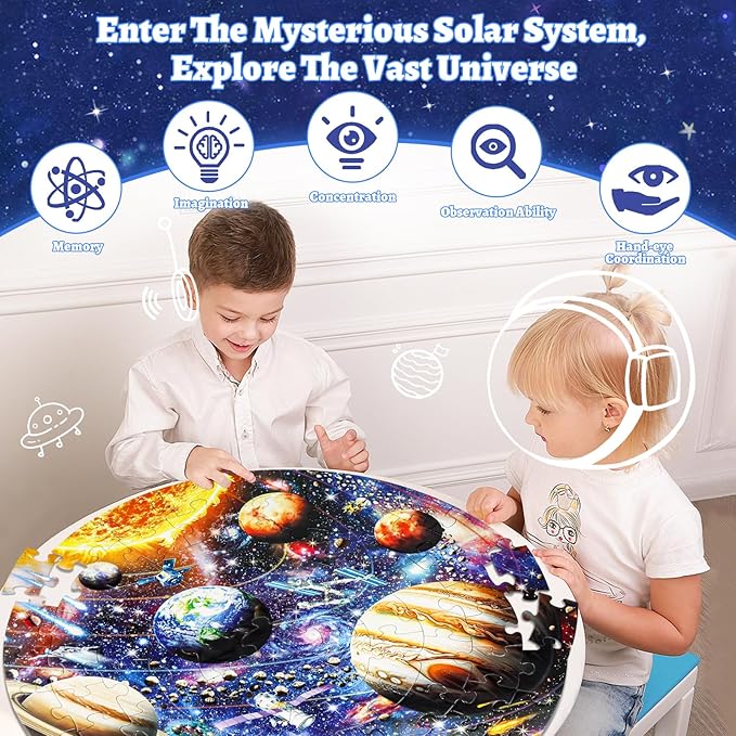 Glow in The Dark Solar System Jigsaw Puzzles for Kids Ages 4-8, 70 Pieces Kids Space Planet Floor Puzzle Toys Ages 8-10, Large Round Educational Puzzle Toys Easter Gifts for Kids Boys Girls