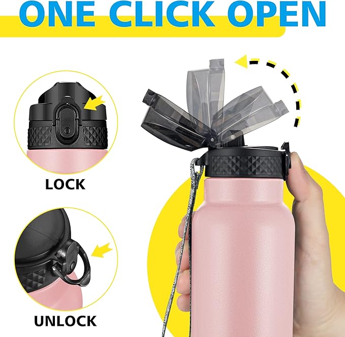 Han's Bottle Sports Water Bottle - 32 Oz, Straw Lid, Leak Proof, Vacuum Insulated Stainless Steel, Double Walled, Thermo Mug,Blush