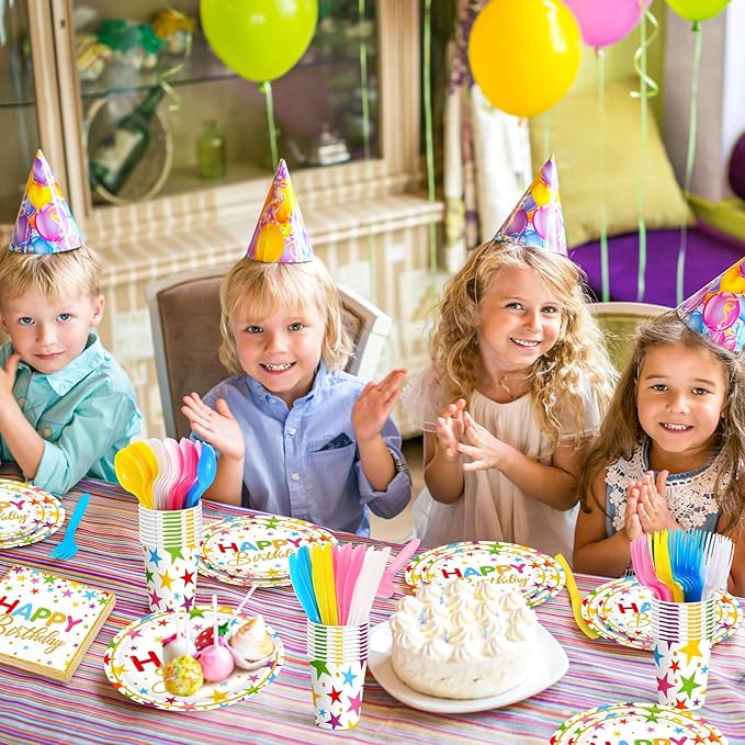 Meanplan Serves 24 Guests Happy Birthday Plates and Napkins Rainbow Star Birthday Tableware Set Rainbow Happy Party Decorations for Kids Included Cups Knives Forks Spoons Total 168 Pcs