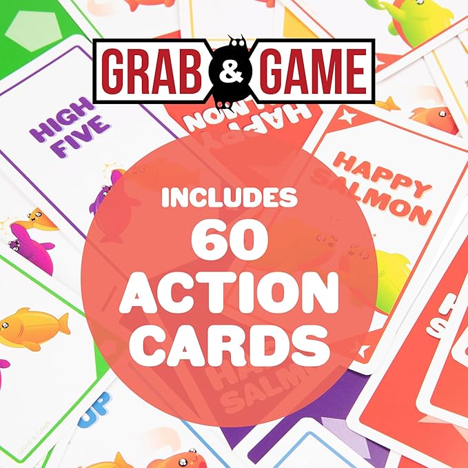 Exploding Kittens Happy Salmon Grab & Game - 3-8 Players - Ages 6+ - 90 Second Rounds - Travel Sized Cards - Easy to Learn Quick Matching - Party, Family Night, Kids and Adults