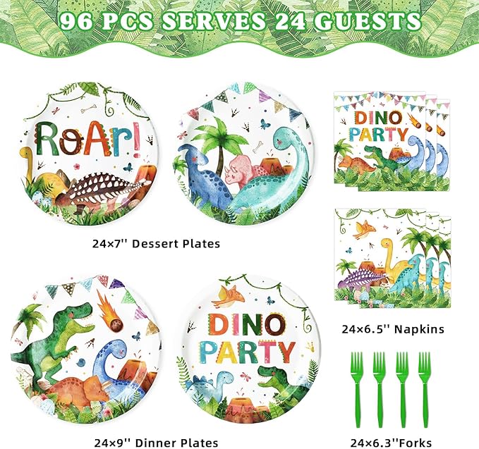96 Pcs Dinosaur Plates and Napkins Tableware Set (Serves 24), Dinosaur Birthday Party Supplies Include Plates Napkins Plastic Forks for Kids Party Decorations