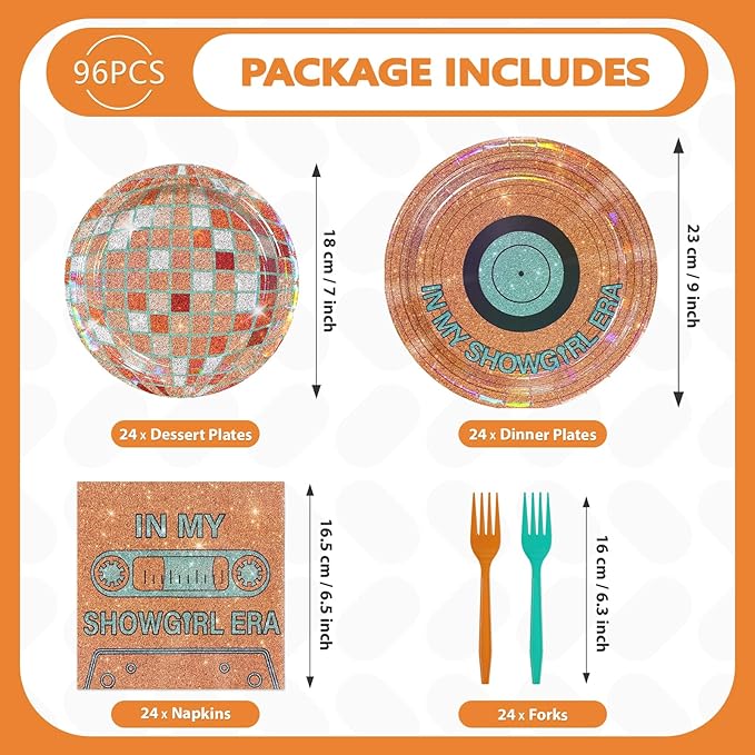 96Pcs In My Showgirl Era Decorations Disco Orange Green Glitter Plates and Napkins Tableware Sets The Life of A Birthday Decorations for Women Girls Birthday Showgirl Themed Party Supplies Serves 24
