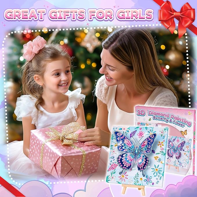 Arts and Crafts for Kids Age 8-12, Diamond Art Kit for Kids, Gifts for 6 7 8 9 10 Year Old Girls, Birthday Presents Toys for Girl Teen, Fun Activities Gem Art Butterfly Kit with Frame for Home Decor
