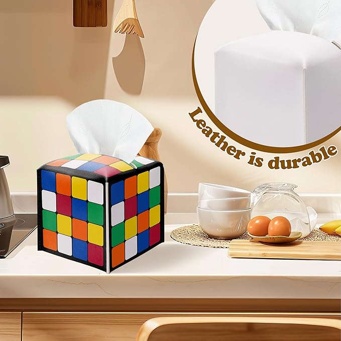 Funny Tissue Box Cover, Magic Cube Tissue Box Cover PU Leather Square, Decorative Facial Paper Organizer for Bathroom, Vanity, Home Office Car Decorations