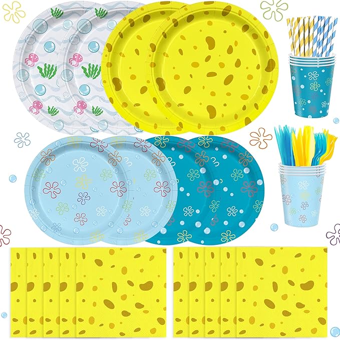 168PCS Cartoon Ocean Party Supplies for Girls Boys Kids Yellow Undersea Happy Birthday Party Decorations Dinnerware Set Napkin Cups Forks Knives Straw for 24 Guests