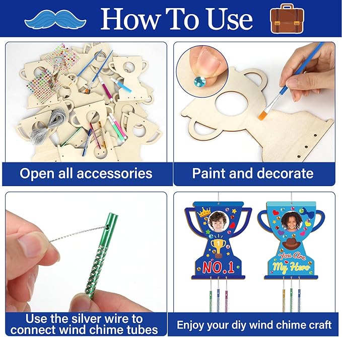 gisgfim 16 Pack Father’s Day Wind Chime Crafts Kits for Kids Make Your Own Trophy Wind Chime Wooden DIY Arts Craft Decoration for Father’s Day Party School Classroom Activity Art Project Supplies Gift