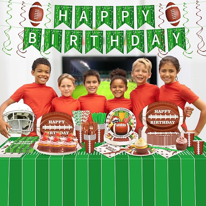 Football Birthday Party Decoration,177PCS Football Disposable Tableware Party Supplies,Set of 24 Football Paper Plates Napkins Cups Forks Straws,Banner Touchdown Tablecloth for Gameday Tailgate Decor