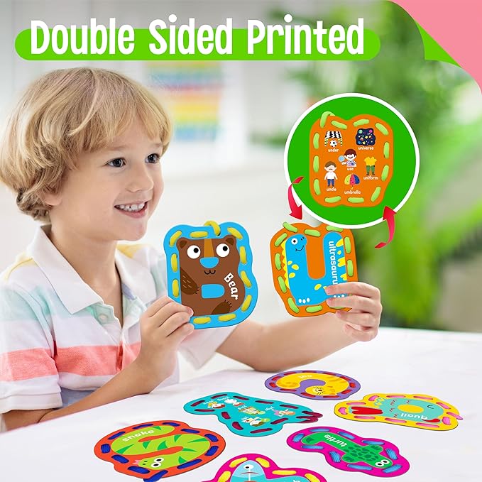 52 PCS Lacing Cards, 26 Double-Sided Uppercase & Lowercase Sewing Cards with 52 Colorful Laces, Imagination Development Lacing Toy Games Educational and Learning Activity for Preschoolers, Children