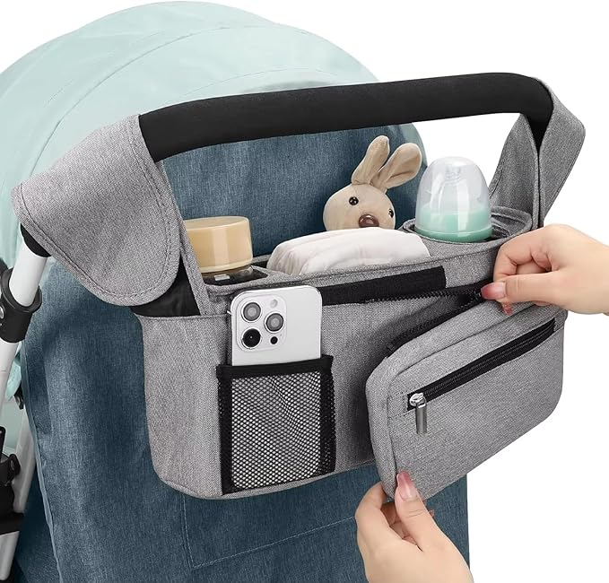 Universal Stroller Organizer with Insulated Cup Holder Detachable Phone Bag and Carry Strap Fits Uppababy, Baby Jogger, Britax, BOB, Umbrella and Pet Stroller and more (Light gray)