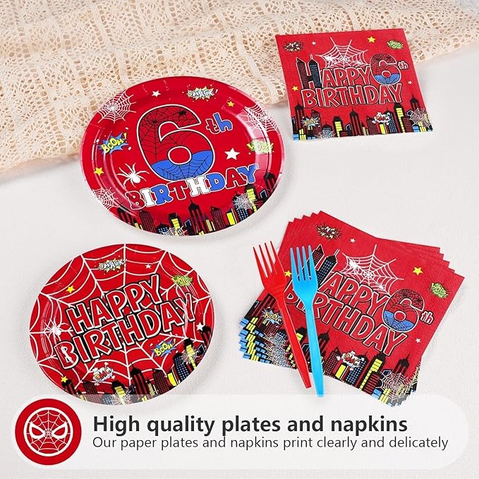 Grencian 96Pcs Cartoon Spider 6th Birthday Party Decorations Red Blue Spider Birthday Party Plates and Napkins Disposable Super Theme Tableware Set for 6 Year Old Boys Party Decorations Serves 24