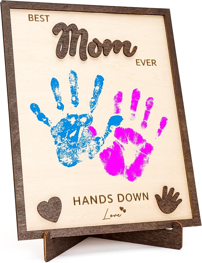 Personalized Best Mom Ever Gifts - Wooden Keepsake Sign with Kids Handprint Art, Custom Ink Name, DIY Craft Kit for Mother's Day, Handmade Family Decor, Unique Birthday Gift Idea for Mom