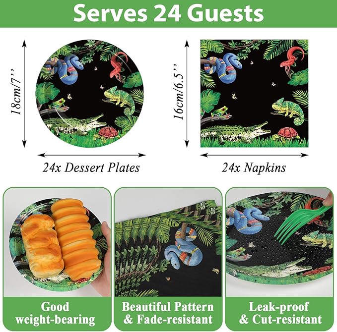 Reptile Snake Birthday Party Supplies Serves 24 Lizard Party Paper Plates Napkins Jungle Swamp Snake Tablecloth Tableware Kit for Baby Shower Decorations Kids Boys Girls