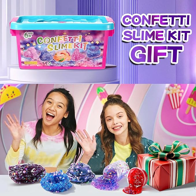 Confetti Slime Kit, Sparkling Slime Making Kit, DIY Craft Set with Clear Glue, Colors, and Decorations, Ages 6+