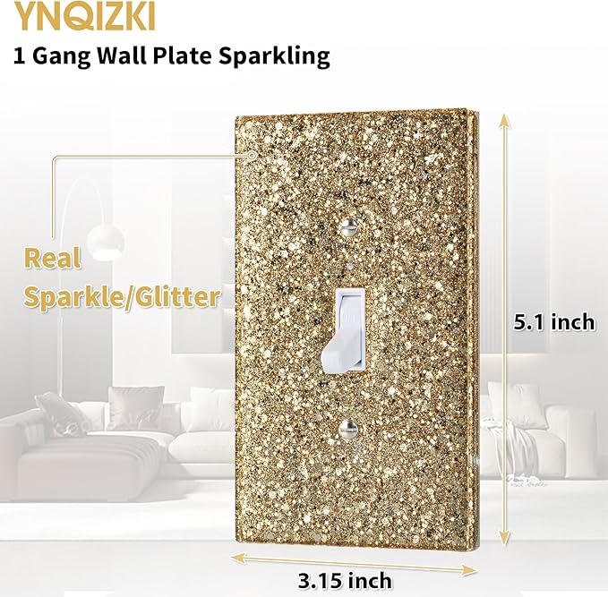 Gold Glitter Light Switch Cover - Sparkling Wall Plate 5.1"x3.15", Gift for Home Decor,Single Toggle
