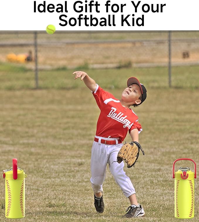 MYFOREST 14oz/400ml Insulated Kids Water Bottle, Odor-Free Surgical Grade Liner, Dishwasher-Safe, Name Spot, Soft Sipper, Gift for Sports Fan (Softball)