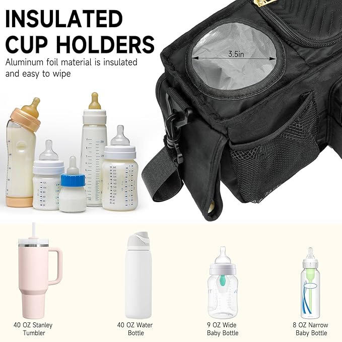 Universal Stroller Organizer with Insulated Cup Holders,Large Capacity Non-Slip Stroller Caddy Bag Fits for Uppababy/Doona/Jogger/Britax/Mompush/BoB with Anti-Sag Hard Bottom and Wet Wipes Pocket