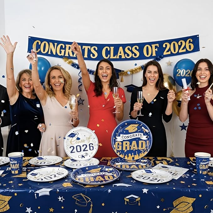 Graduation Plates and Napkins 2026,97Pcs Blue Disposable Grad Plates Class of 2026 Dessert Plates Napkins,Tablecloth,Forks,Graduation Decorations for Congrats Grad Party,Serve 24