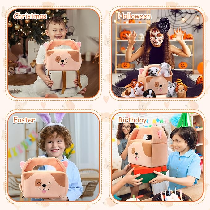 Blueweenly 8 Pcs Small Dog Stuffed Animal Set Plush House with 7 Fluffy Puppy Stuffed Animals Dog Toys for Kids Birthday Gifts Pet Party Favors Classroom Rewards