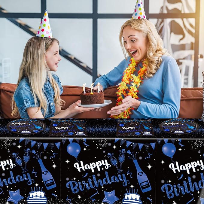 41PCS Navy Blue and Black Birthday Party Decorations Happy Birthday Tableware Supplies Set Including Plates Napkins Tablecloth for Men Women